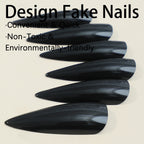 24pcs Long Pointed Fake Nail Patches Glossy Dark Black Cool Wearable Press ON Nails Solid Color Full Cover Artificial False Nail