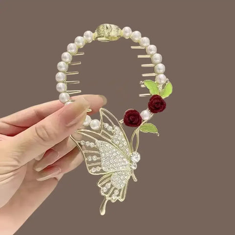 Flower Tassel Hair Clip Women Ladies Butterfly Rhinestone Pearl Metal Hair Claw Round Bun Ponytail Holder Hair Accessories