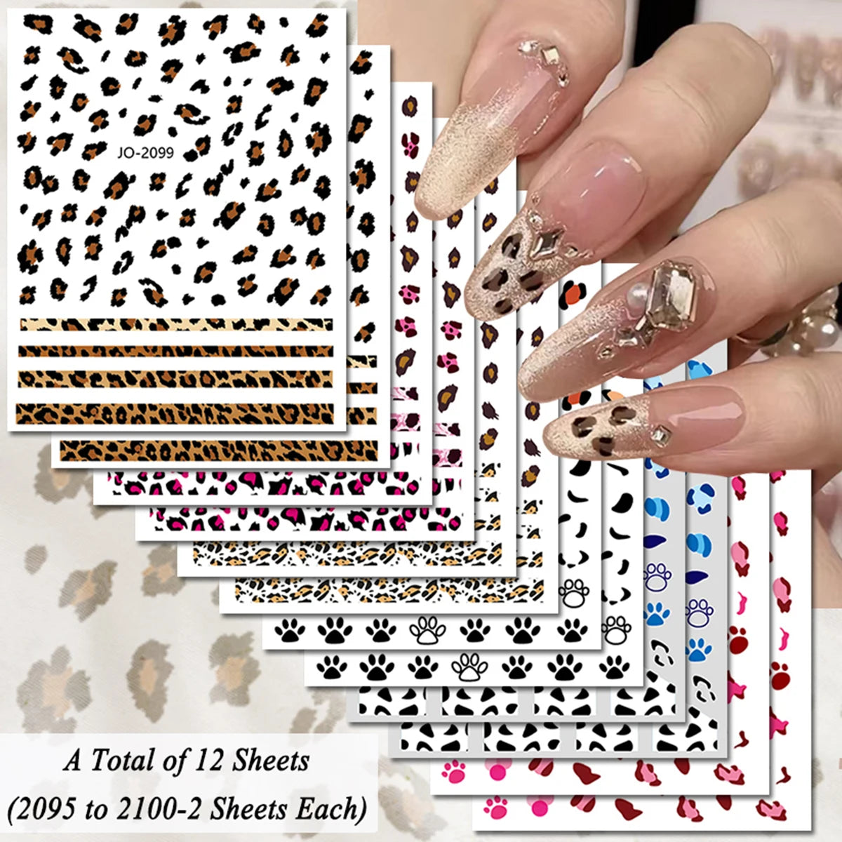 3/6/12 Sheets Leopard Nail Art Stickers Set – Self-Adhesive Animal Nail Decals for DIY Manicure, Cheetah Paw Nail Decorations