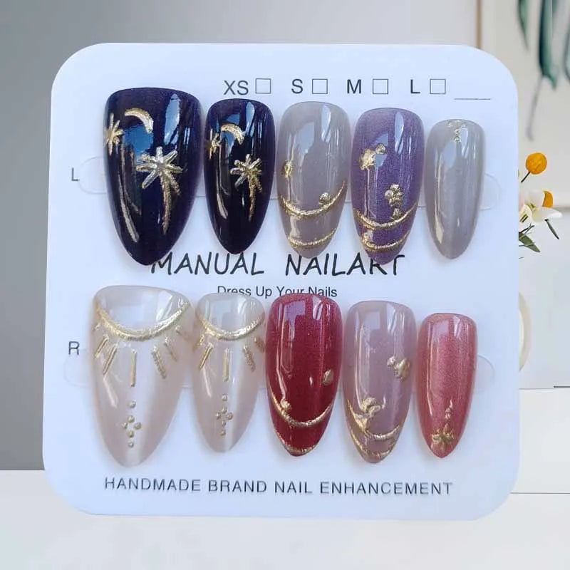 10Pcs French Style Almond Shape Blue Denim Gilded Baroque Press on Nails Manicure Starry Moon Gilding With Cat Eye Fake Nails