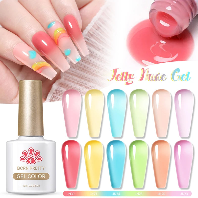 BORN PRETTY 10ml Translucent Jelly Nude Gel Nail Polish Colorful  Varnish Semi Permanent UV LED Nail Art  Manicure Gel