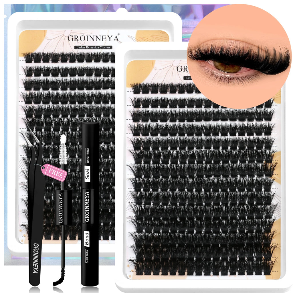 GROINNEYA Lash Clusters Kit With Waterproof Strong Hold DIY Lash Extension Kit Lash Bond And Seal And Eyelash Tweezers Makeup
