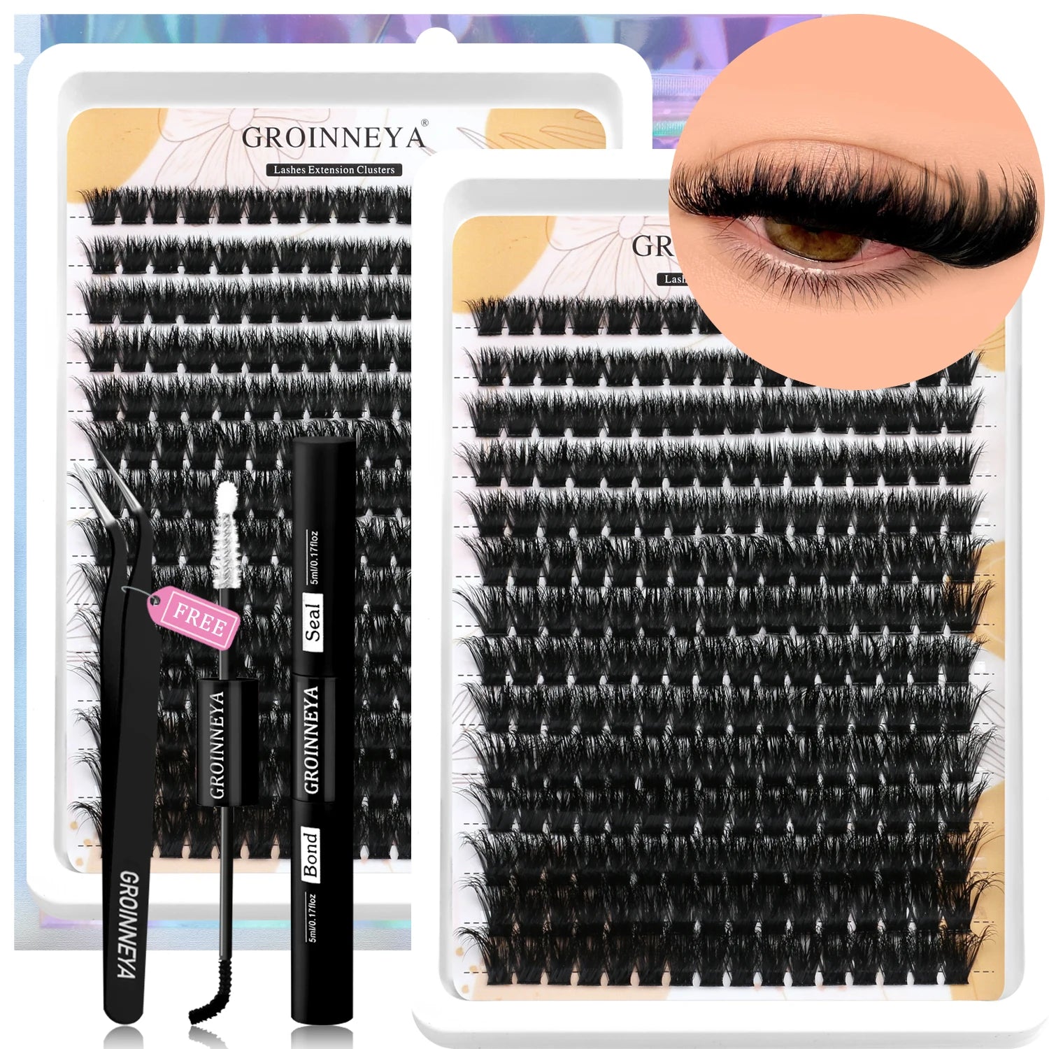 GROINNEYA Lash Clusters Kit With Waterproof Strong Hold DIY Lash Extension Kit Lash Bond And Seal And Eyelash Tweezers Makeup