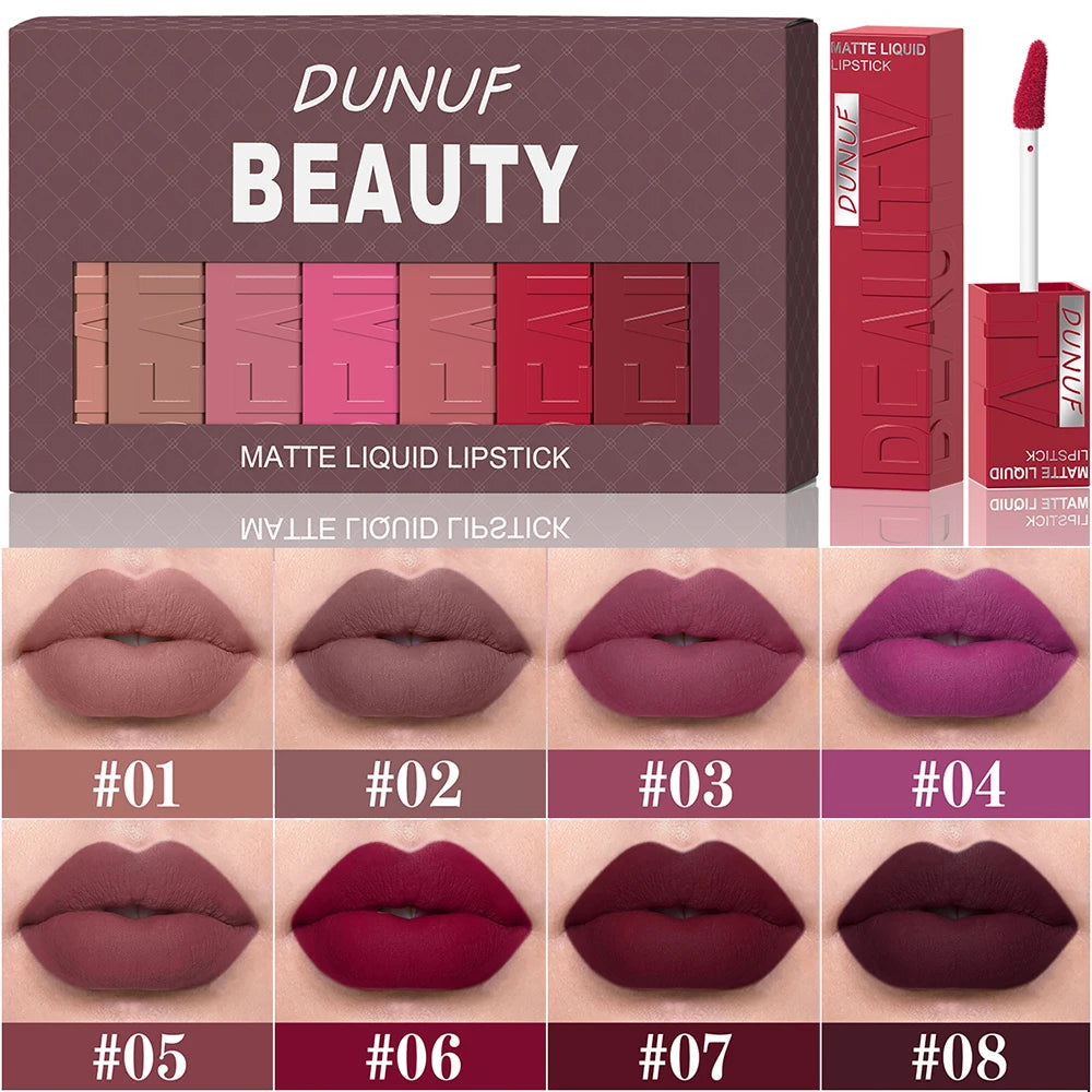 Matte Lip Gloss 8pc/set: Waterproof Lipstick Moisturizing Long Lasting Non-Stick Cup, Nude, Y2K Christmas Valentine's Day Gifts
