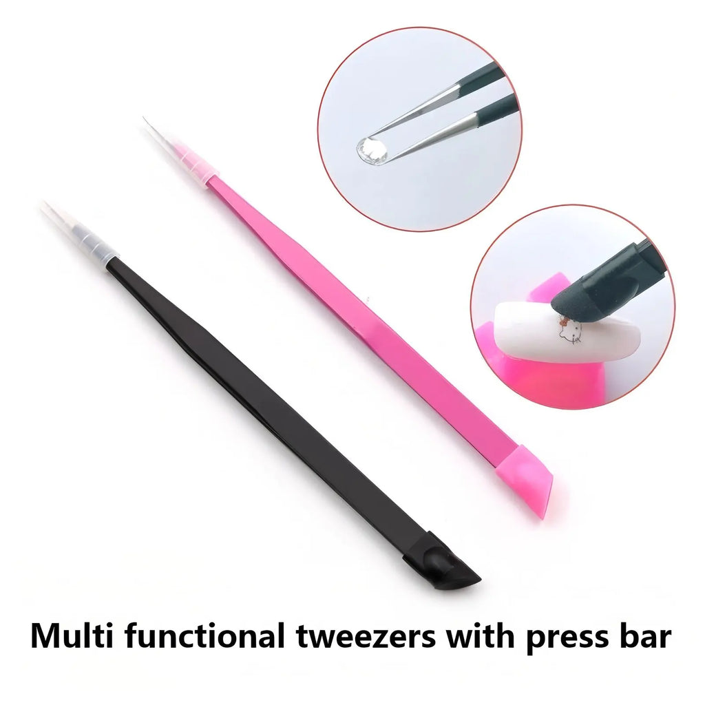 Multi functional nail double ended tweezers with silicone pressure bar, stickers, adhesive drill, clip drill, eyebrow clip