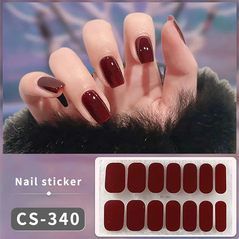 Pink Glitter Design Baking-free Nail Stickers French Style Solid Color Adhesive Full Cover Nail Strip Slider DIY Manicure Decals
