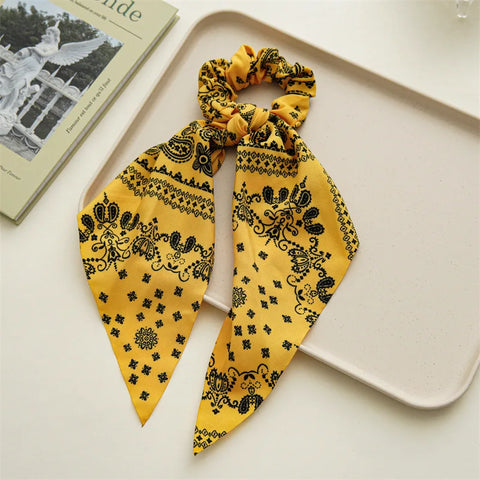 2023 Fashion Print Chiffon Long Ribbon Scrunchies Women Girls Ponytail Scarf Elastic Hair Bands Ties Hair Accessories Wholesale