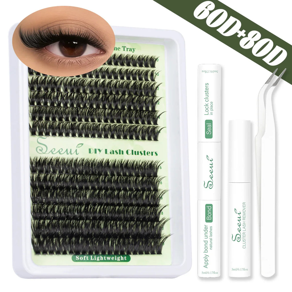 SEEUI Lash Clusters Kit Natural Look Large Capacity Lash Extension Kit with Lash Bond And Seal Eyelash Tweezers
