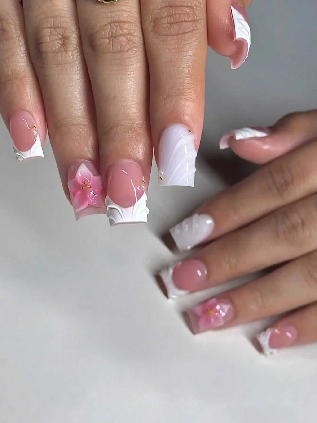 24Pcs 3D Floral French Gel Nail Stickers with Pearls, Press On Nails Set Includes Jelly Gel & Nail File