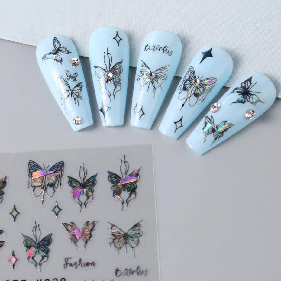 Black White Butterfly Laser Nail Stickers Y2K Nail Art Decoration Abstract Metal Lines Bronzing Lace Flowers Stickers For Nails