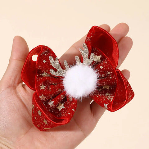 2Pcs Christmas Star Bow Hair Clips Glitter Antler Bownot Hairpins Vintage Velvet Barrette For Girls Xmas Headwear Accessories