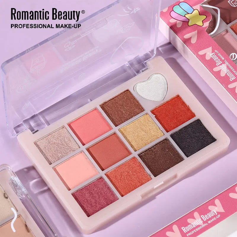 12-in-1 Eyeshadow Palette - Heart Design with Matte & Shimmer Browns, Soft Micro-Sparkle, Long-Lasting & Highly Pigmented