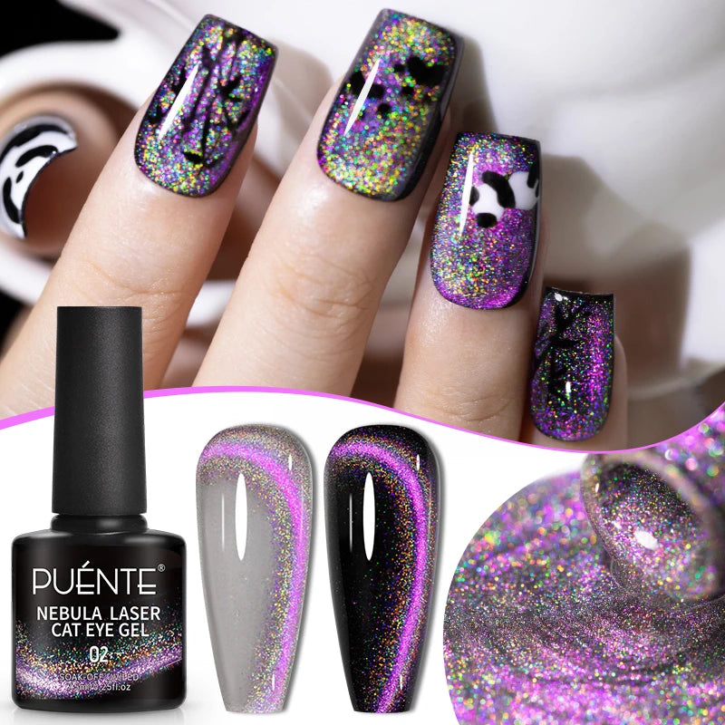 PUENTE 7.5ML Blue Laser Cat Magnetic Gel Nail Polish Sparkling Holographic Rainbow Cat Eye Gel Soak Off UV/LED Nail Art Varnish