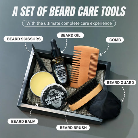 7pcs/sets Men Beard Kit Beard Promote Enhancer Thicker Mustache Grooming Beard Care Oil Moisturizer Wax Balm with Comb Scissor