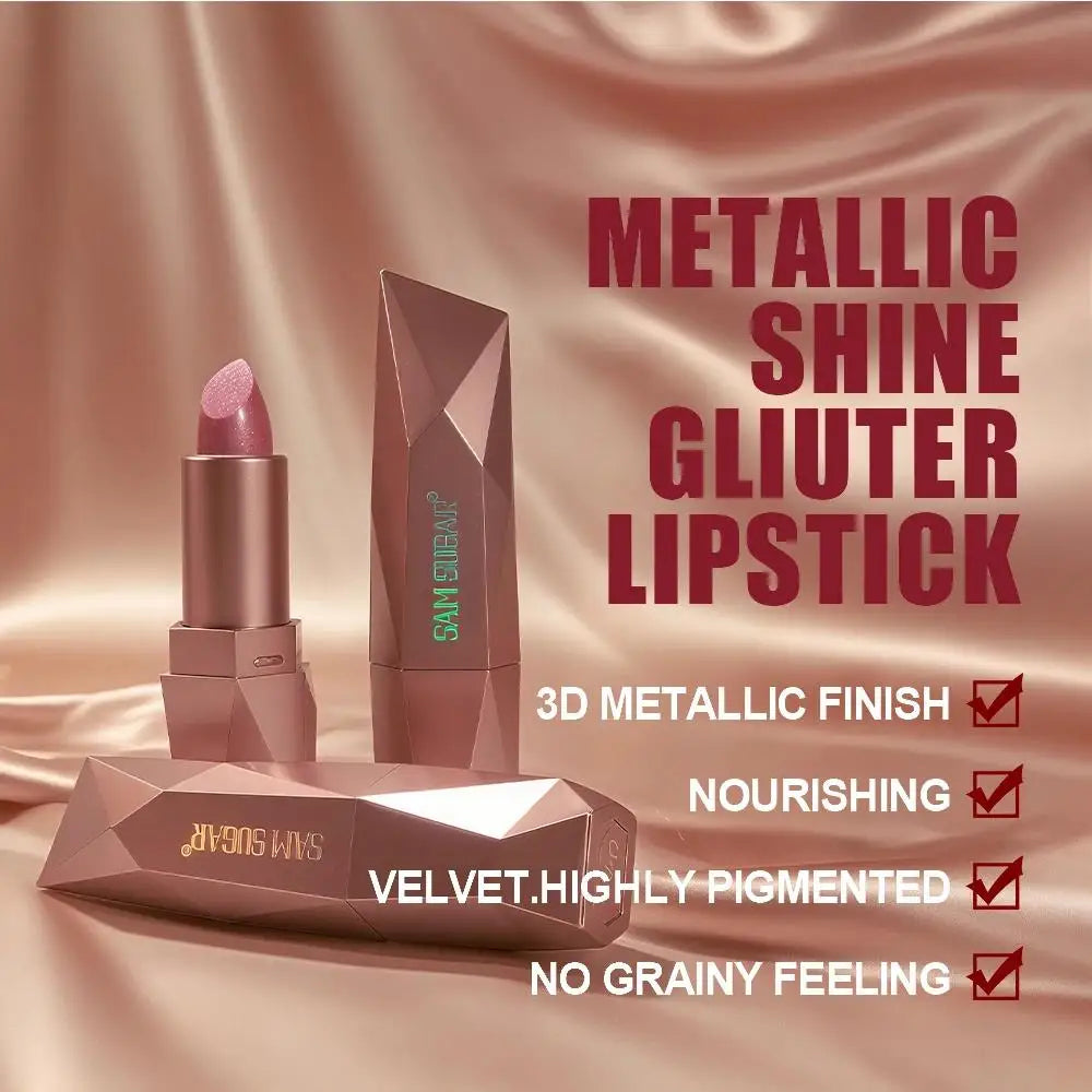 Diamond Glitter Lipstick Long Lasting Waterproof Moisturizing Highly Pigmented Metallic Shine Pearlescent Non Stick Cup Lipstick