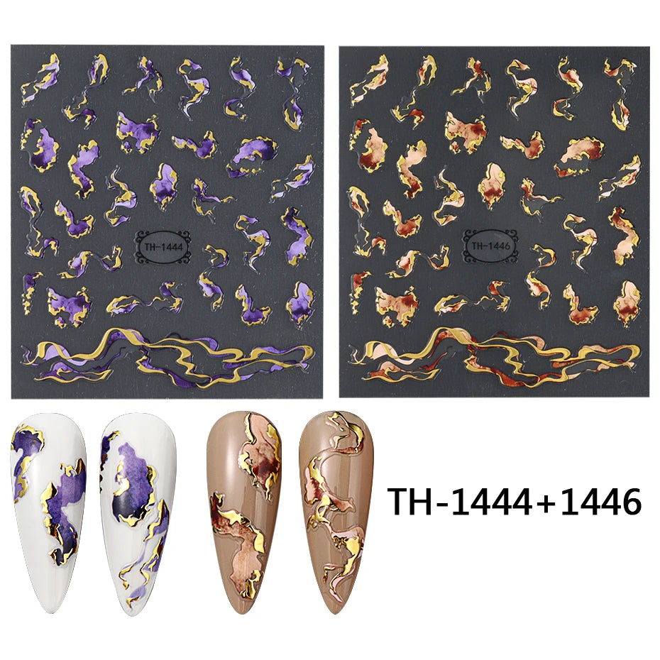 Nails Stickers Purple Blue Brown Ink Design Decals Gold Decorations Art Self-Adhesive Holographic Gel Slider Manicure Supplies