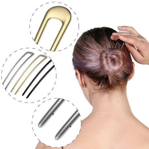 U-Shaped Hair Fork Elegant Golden Silver-color Alloy Long Thick Hair Updo Bun French Hairpin Stick Women Girls Hair Accessories