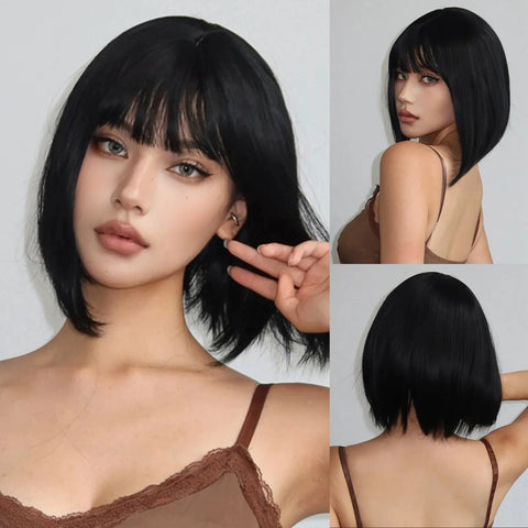Short Straight Bob Light blonde synthetic wig Ladies straight bangs Hot silk wig Christmas party Cosplay daily wear wig