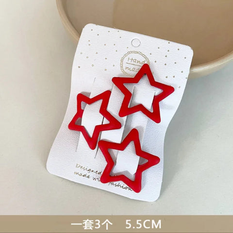 3PCS/Set Women Girls Cute Hair Clips Red Heart Star Geometric Hairpins Sweet Bangs Barrettes Christmas New Year Hair Accessories