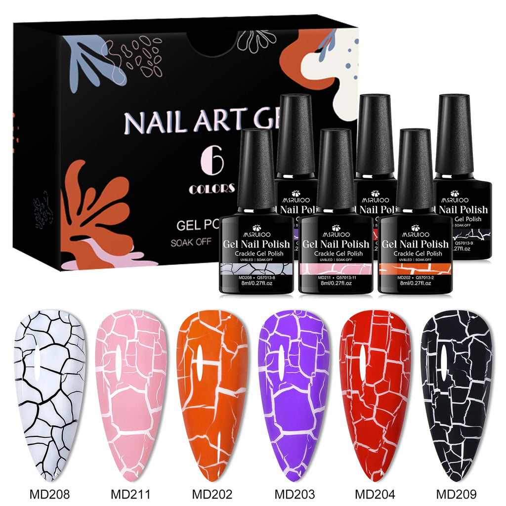 6pc Crackle Gel Nail Polish Set Quick Dry Nail Supplies Varnishes Hybrid Semi Permanent Soak Off Manicure for Nails Design