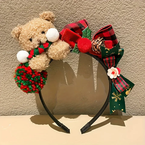 Christmas Bear Headband with Bow - Festive plush hair accessory for women, perfect for parties & photos. Lightweight & stylish!