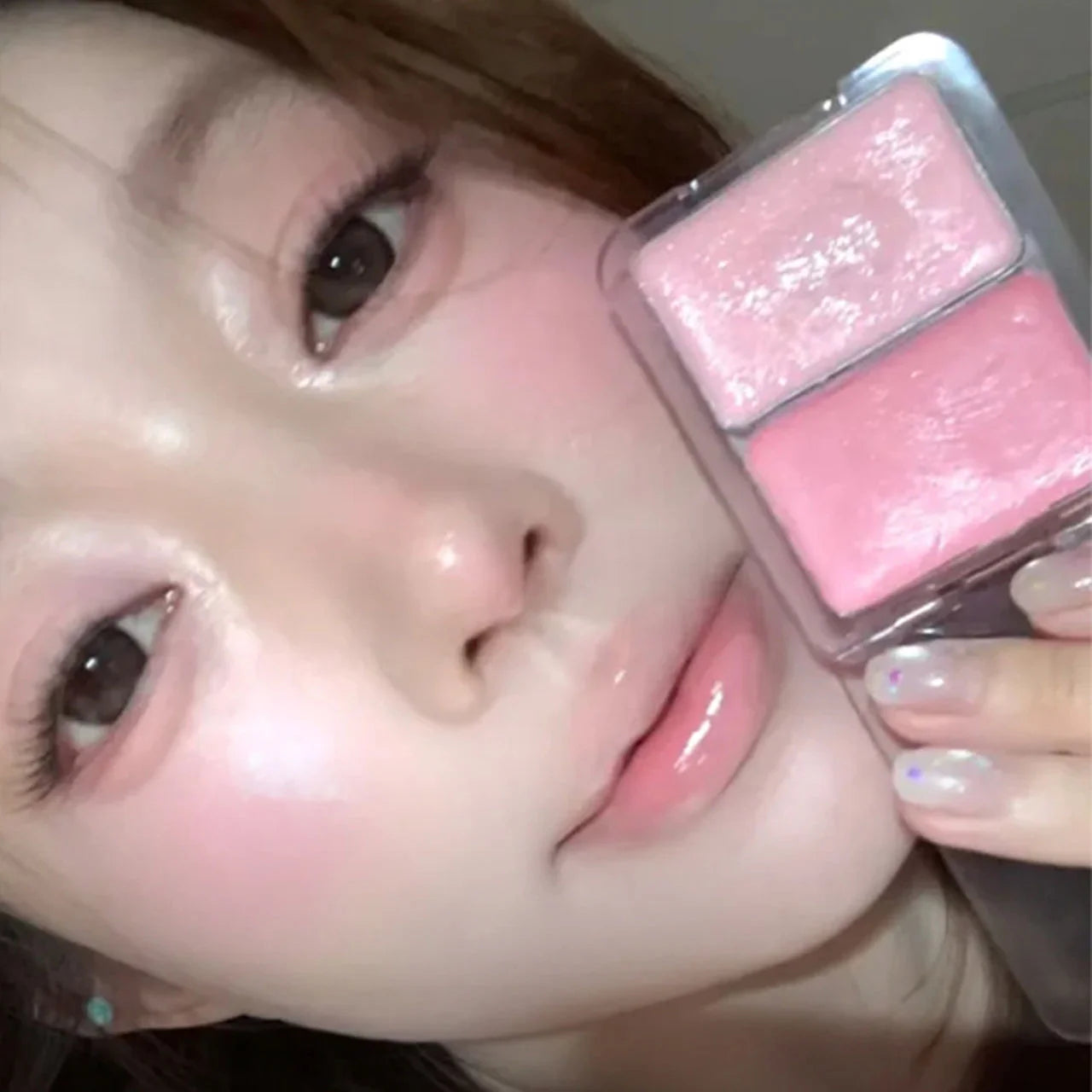 Two-color jelly glow blush, milk peach pink apricot red gem rouge Korean makeup, cream texture, low saturation brightening