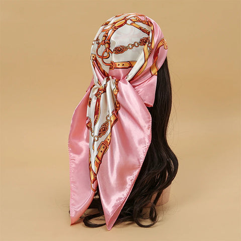 Satin Square Scarf Women Muslim Hijab Elegant 2025 Print Silk Neckerchief Shawl Wraps Headband Handle Hair Accessories Bandana