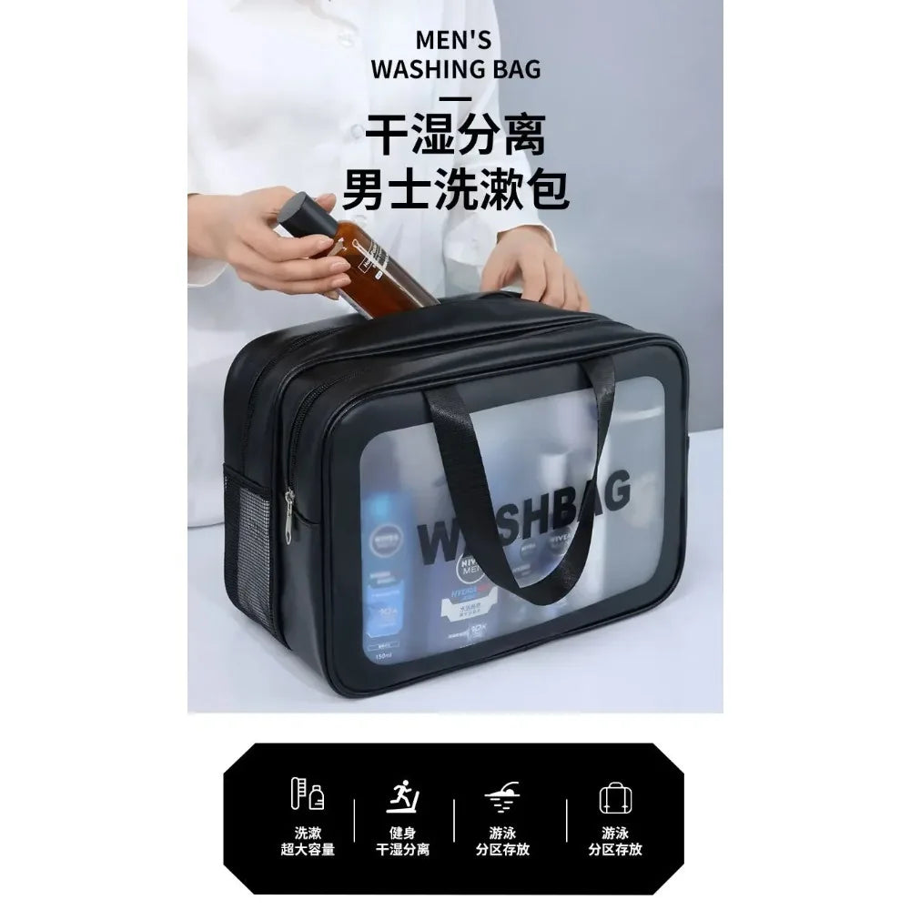 Dry-wet separation double transparent PU makeup bag portable washing bag cosmetic storage bag travel fitness swimming essentials
