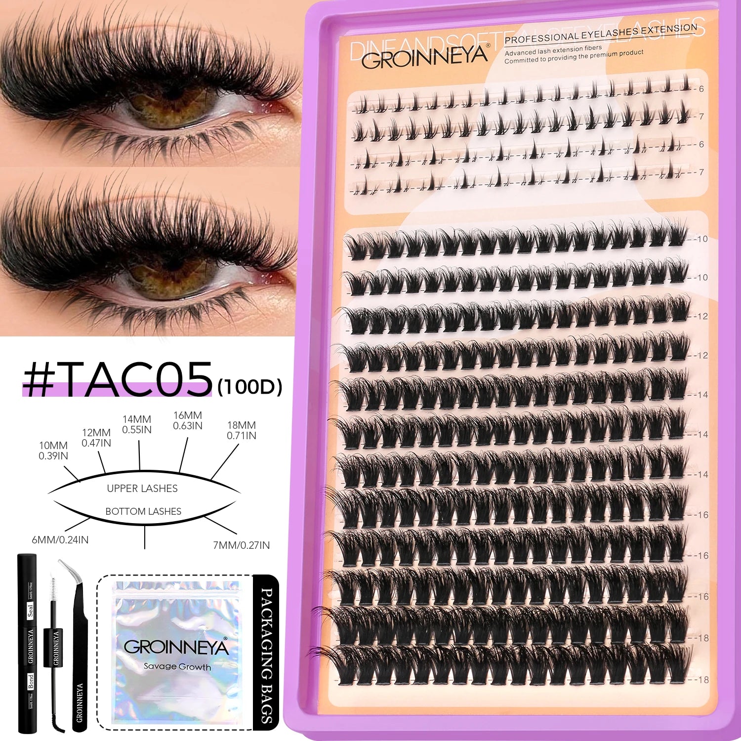 GROINNEYA Lashes Clusters Kit With Lash Bond And Seal And Eyelash Tweezers Waterproof Strong Hold DIY Lash Extension Kit Makeup