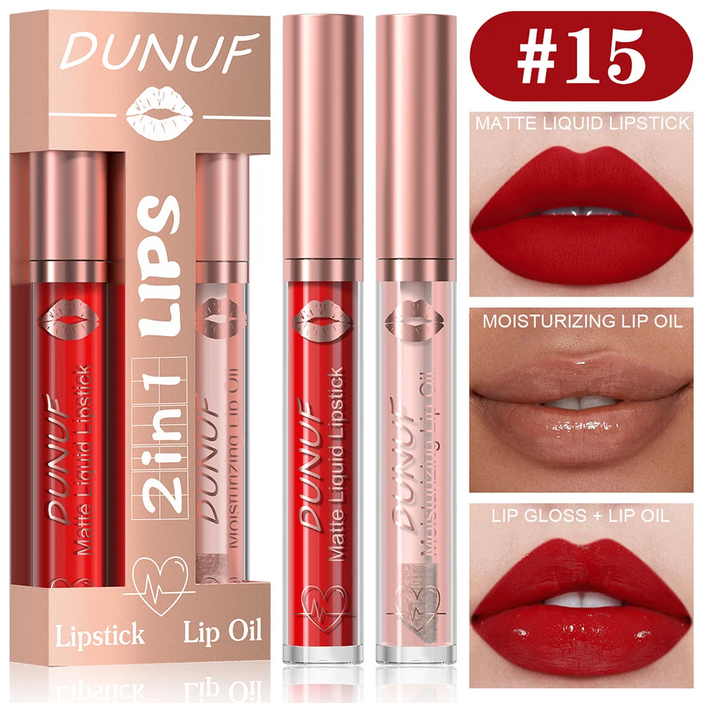 DUNUF Lip Gloss And Lip Oil Set 2-Piece Long-Lasting Waterproof Matte Moisturizing Non-Fading Lipstick Collection