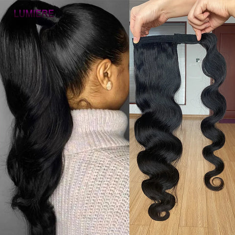 Body Wave Wrap Around Ponytail Human Hair Extensions 100% Real Virgin Raw Human Hair Brazilian Clip In For Women Natural Black