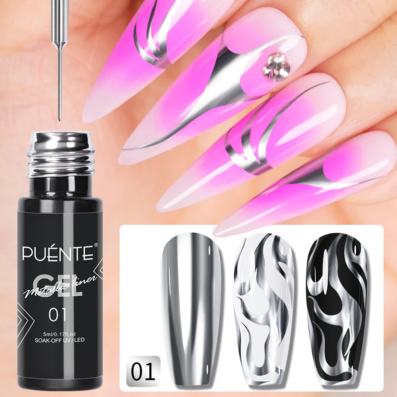 PUENTE 5ml Metallic Painting Liner Gel Polish Bright Mirror Effect Semi-Permanent UV Nail Varnish For Stunning French Nail Art