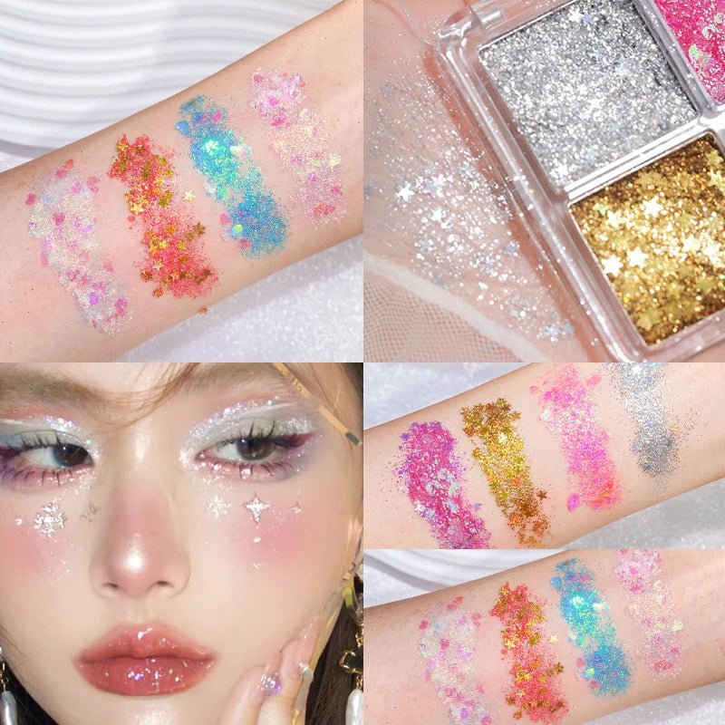 Sparkling Diamond 4 color eyeshadow tray - Halloween pumpkin and cherry tones, blue/gold/yellow, cosplay and stage makeup