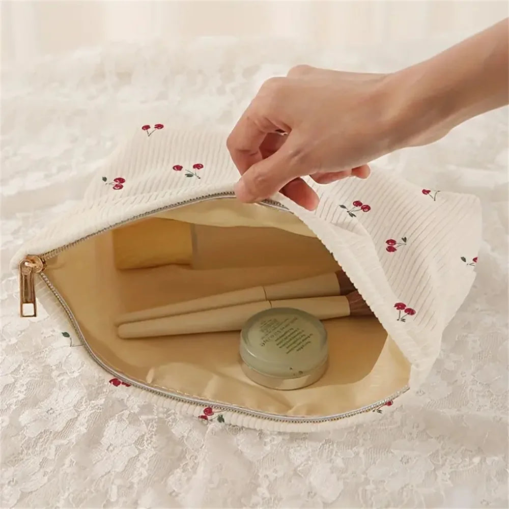 Hand Painted Cherry Corduroy Drawstring Makeup Bag Lightweight Travel Toiletry Pouch Bohemian Style Cosmetic Organizer
