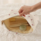 Hand Painted Cherry Corduroy Drawstring Makeup Bag Lightweight Travel Toiletry Pouch Bohemian Style Cosmetic Organizer