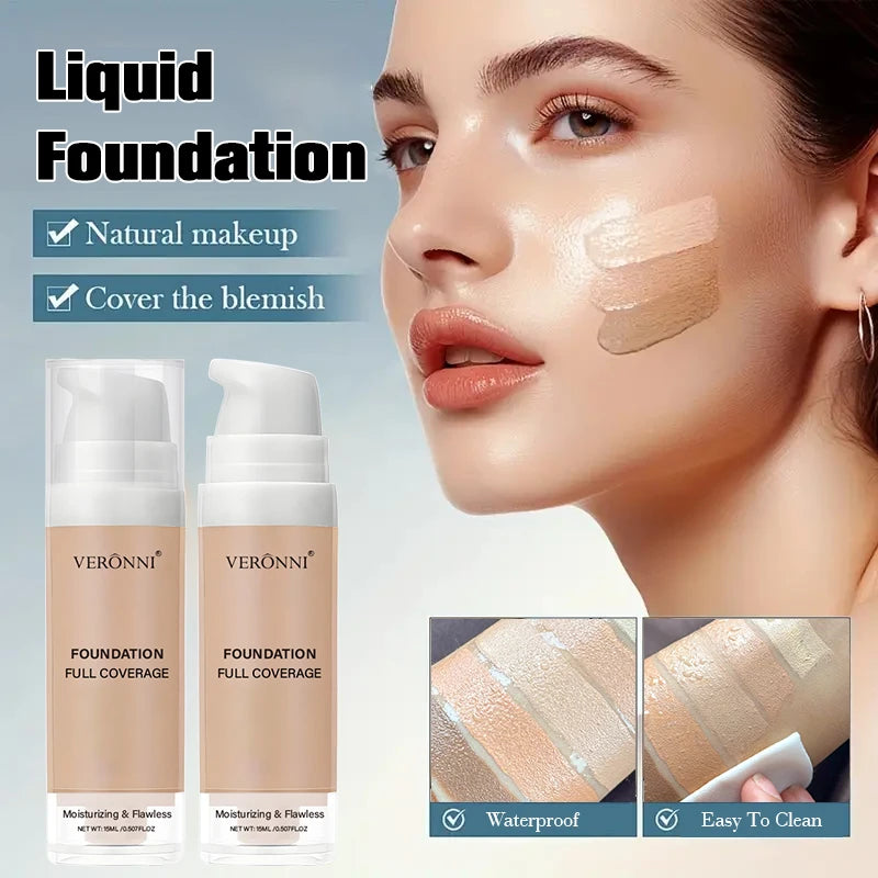 15ml Full Coverage Liquid Foundation,Foundation Effective Concealer Waterproof Sweat-resistant Makeup Professional Cosmetics