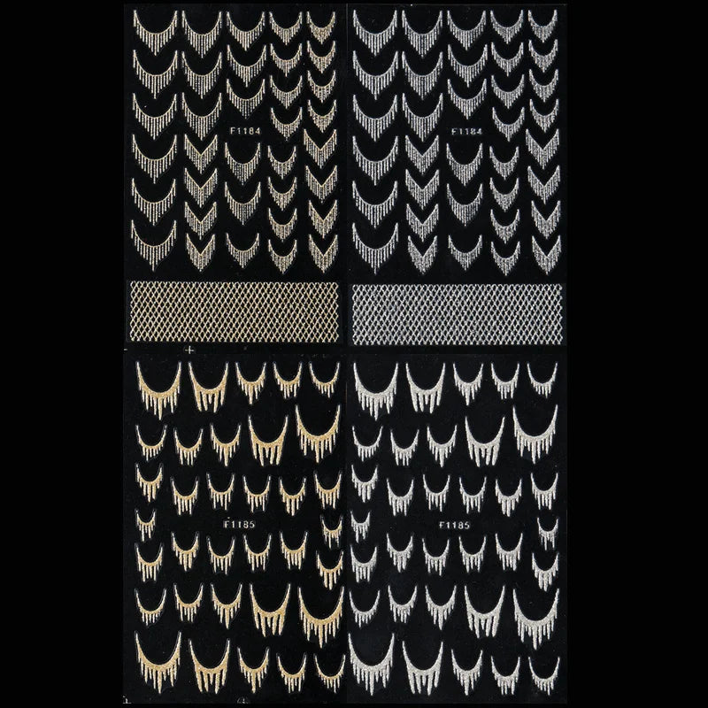 Reflective Glitter French Nail Art Stickers Sparkly Gold Silver Tassel Line Geometric Grids Adhesive Sliders Decals DIY Manicure