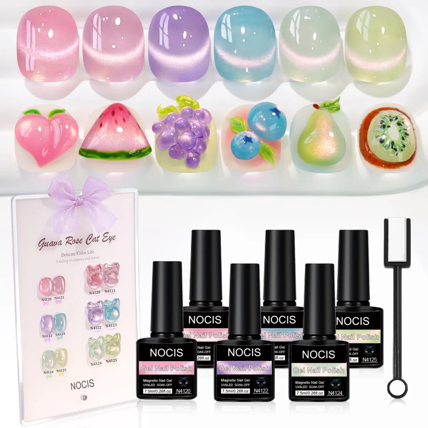 NOCIS Bottle Fruit Cat Eye 6-color Set -- Ultra Bright Cat Eye Nail Kit, 6 Colors of Magnetic Gel Polish Stylish Salon