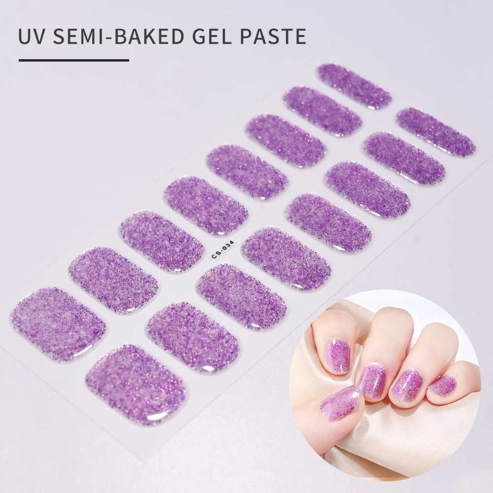 16Tips French Black Semi-Cured Nail Stickers With Glitter Long-Lasting UV Gel Nail Polish Wraps Full Cover Nail Art Decals Patch