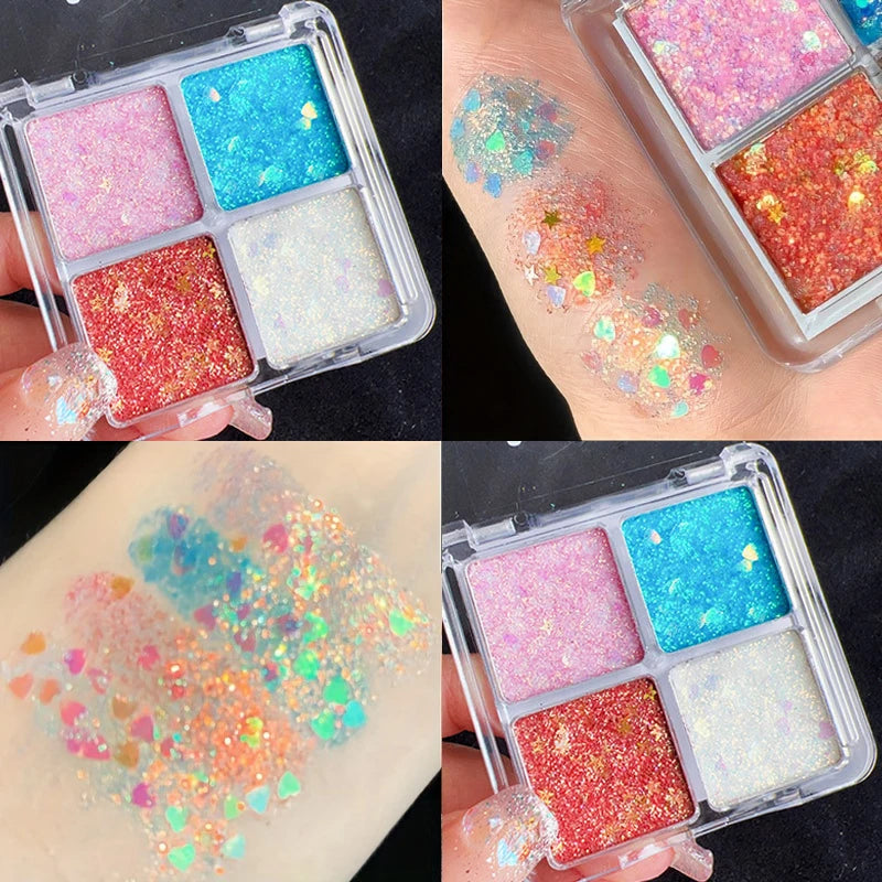 Sparkling Diamond 4 color eyeshadow tray - Halloween pumpkin and cherry tones, blue/gold/yellow, cosplay and stage makeup