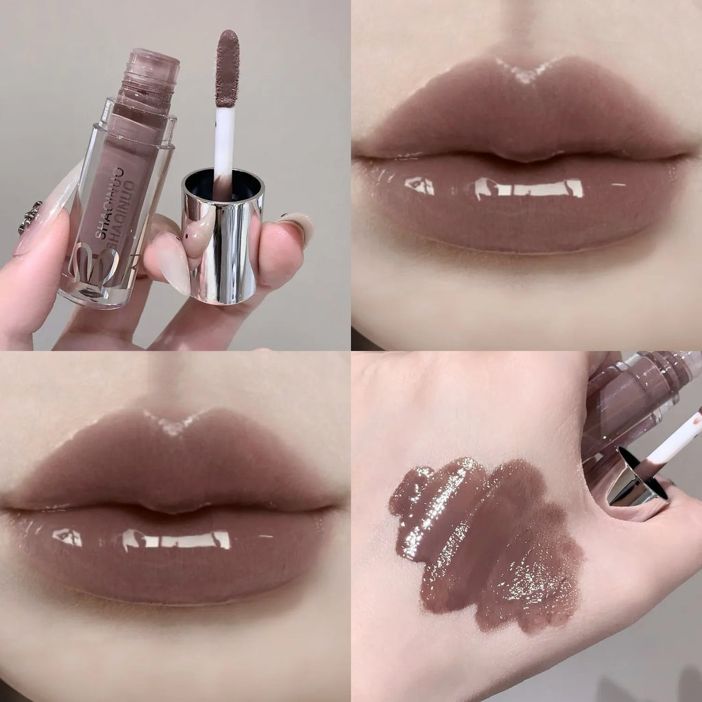 SHAQINUO Water Light Mirror Lip Gloss Lasting Moisturizing Cool Black Silver Gray Pearlescent Fine Sparkling Lipstick Lip Oil