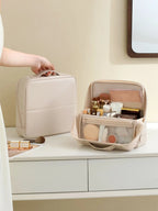 1Pcs Premium PU Leather Vertical Travel Makeup Bag - Multi-Compartment, Large-Capacity & Portable Toiletry Organizer