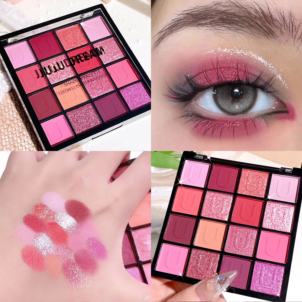 16 grid red eyeshadow tray Purple, glitter pearl matte eyeshadow, Shimmer makeup lasting women, Korean eye cosmetics