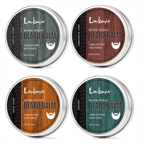 LOCKMIO Natural Shea Butter Beard Blam Wax 4pcs Set Moisturizing Smoothing Soften Styling Professional Beard Care Cream