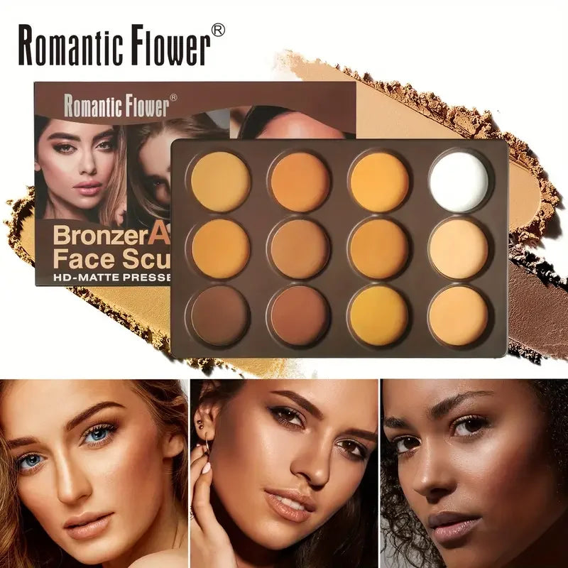Matte Pressed Powder Bronzer & Face Sculptor Palette 12 Colors Long-Lasting Natural Waterproof Female Cosmetic Trimming