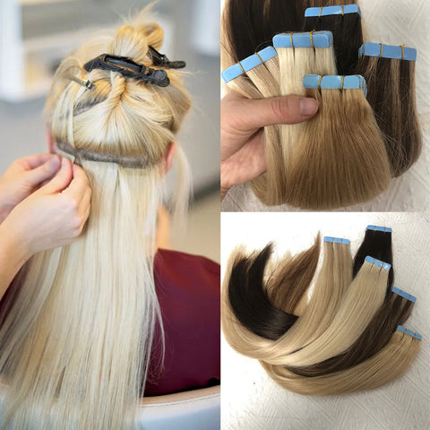 Natural  Tape in Hair Extensions Human Hair Straight Natural Black  Seamless PU Skin Weft Tape Ins Hair Extension 20PCS/Pack