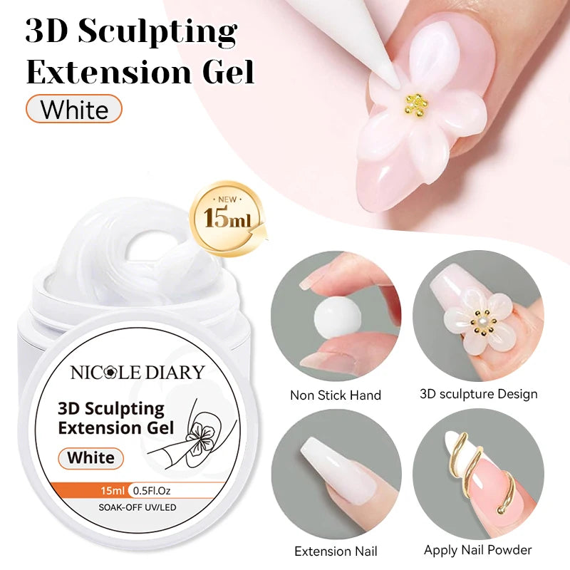 NICOLE DIARY White Non Stick Hand Extension Gel Nail Polish For 3D Shaping Carving Flower DIY Nail Art Extension Acrylic