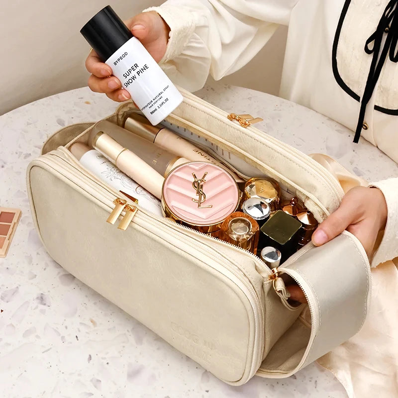 Multifunctional Makeup Bag For Women PU Leather Large Capacity Portable Double Zipper Travel Makeup Brush Toiletries Storage Bag