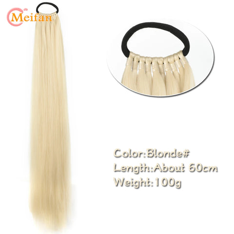 MEIFAN 24 Inch Synthetic Ponytail Extensions Black Natural Braided Pony Tail Hairpiece Long Straight Rubber Band Hair For Women