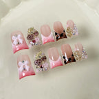10pcs Handmade Fake Nails Duckbill Shaped Press On Nails Colorful Leopard-print French False Nails With 3D Carved Flower Designs
